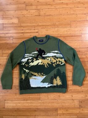 Lucky Brand Bigfoot Green Crewneck Sweater with Multicolor Scenic Knit Intarsia